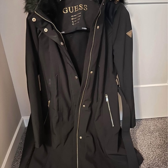 GUESS Black Trench Coat with Fur Trim - Picture 1 of 8